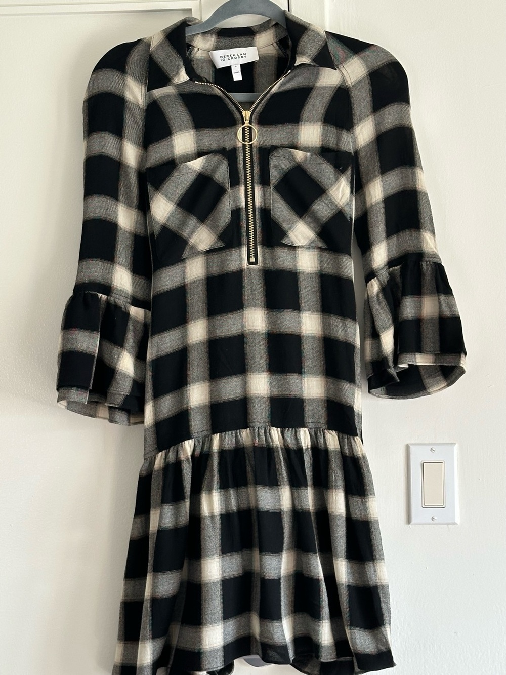 Derek Lam 10 Crosby Plaid Bell Sleeve Tie Waist Mini Dress XS